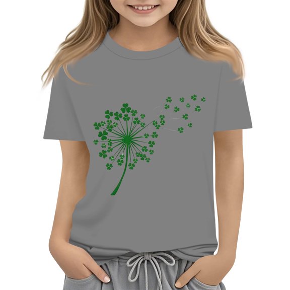St Patrick's Day Shirts for Girls Graphic Shamrock Clover Shirt Loose Fit Irish Short Sleeve Tops St Patrick's Day Cute Funny Tshirts,Gray 3-4 Years