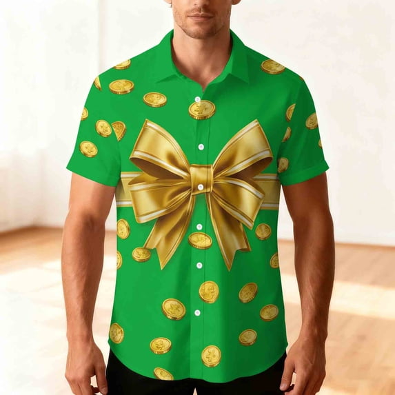 St Patrick's Day Shirts for Men Oversized Clovers Irish Shamrocks Printed Button Down Lapel Short Sleeve T Shirt Summer Casual Vacation Hawaiian Beach Blouse Top