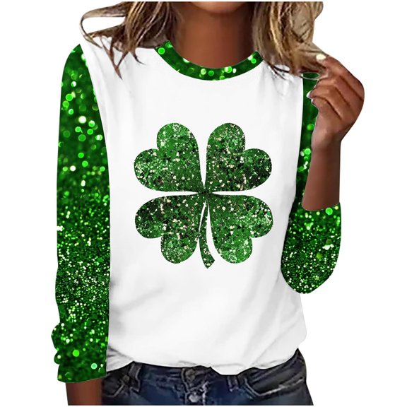 St. Patrick's Day Shirts for Women Classic Print Crew Neck Blouses Pullover Tops Long Sleeve Casual Shirt Tops