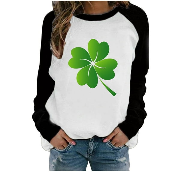 St. Patrick's Day Shirts for Women Crew Neck Casual Long Sleeve Patchwork Funny Printed Pullover Tops Sweatshirts(Black,XL)
