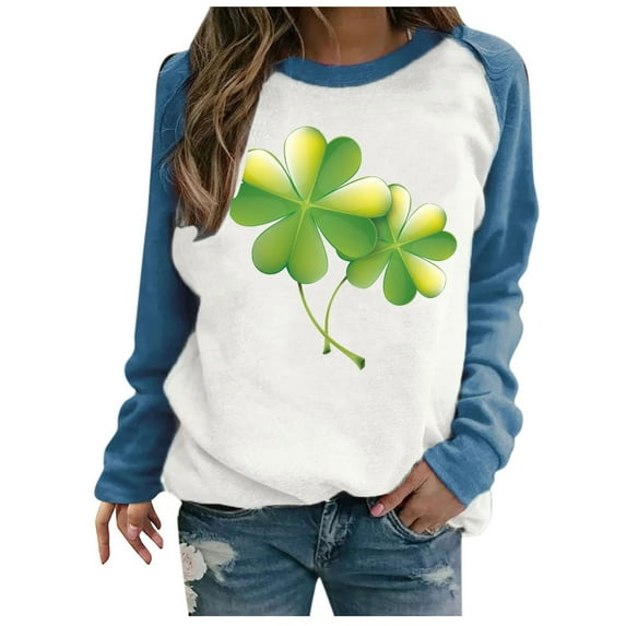 St. Patrick's Day Shirts for Women Crew Neck Casual Long Sleeve Patchwork Funny Printed Pullover Tops Sweatshirts(Blue,XXXL)