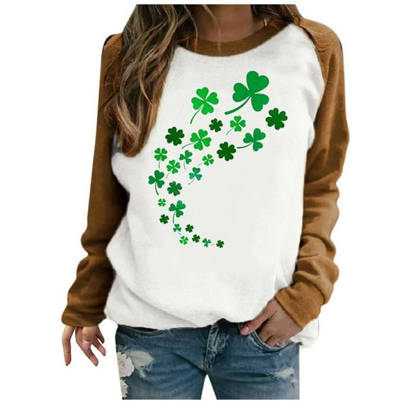 St. Patrick's Day Shirts for Women Crew Neck Casual Long Sleeve Patchwork Funny Printed Pullover Tops Sweatshirts(Khaki,XL)
