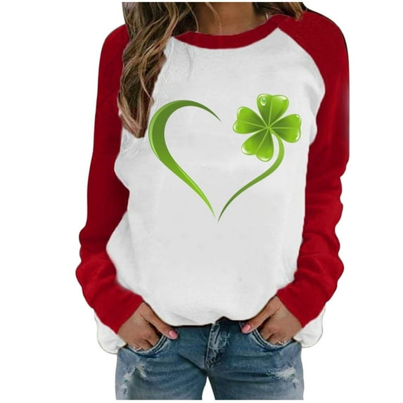 St. Patrick's Day Shirts for Women Crew Neck Casual Long Sleeve Patchwork Funny Printed Pullover Tops Sweatshirts(Red,L)