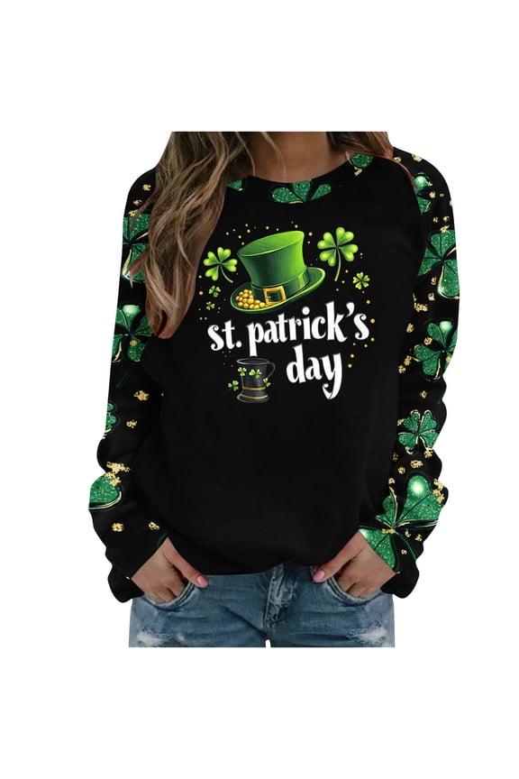 St. Patrick's Day Shirts for Women Funny Crewneck Sweatshirt Shamrock Graphic Shirts Raglan Long Sleeve Tops Irish Pullover