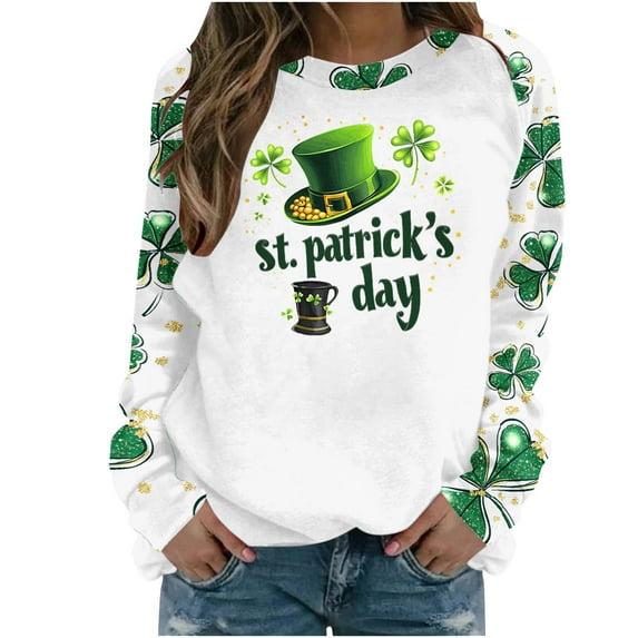 St. Patrick's Day Shirts for Women Funny Crewneck Sweatshirt Shamrock Graphic Shirts Raglan Long Sleeve Tops Irish Pullover