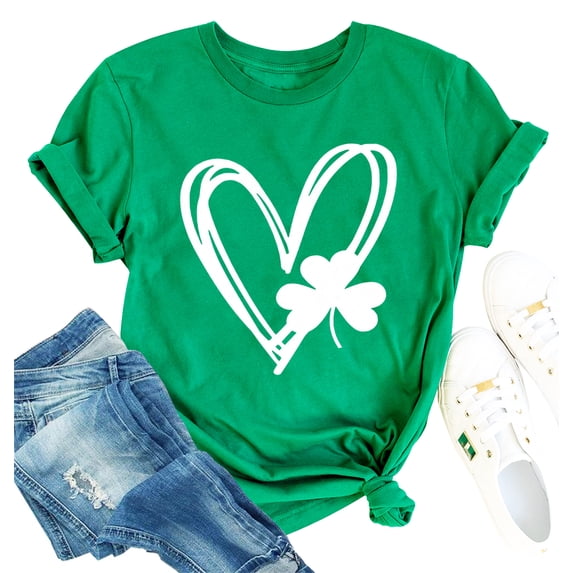 St. Patrick's Day Shirts for Women Shamrock Heart Graphic Tees St Patty's Lucky T-Shirt Irish Tops