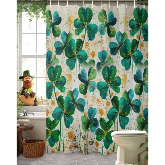 St. Patrick's Day Shower Curtain, 36" x 72", Oil-Painting Spring Blue Green Gold Lucky Shamrocks Waterproof Bathroom Curtain Washable Shower Curtain Set with 12 Hooks
