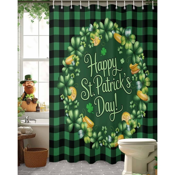 St. Patrick's Day Shower Curtain, 36" x 72", Spring Green Lucky Shamrocks Coin Wreath Dark Green Plaid Waterproof Bathroom Curtain Washable Shower Curtain Set with 12 Hooks