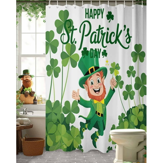 St. Patrick's Day Shower Curtain, 48" x 72", Cute Funny Cartoon Green Elf Lucky Shamrock Waterproof Bathroom Curtain Washable Shower Curtain Set with 12 Hooks