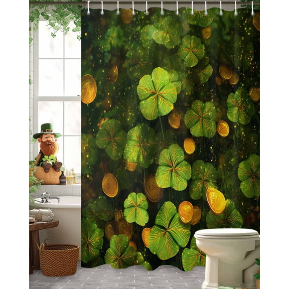 St. Patrick's Day Shower Curtain, 72" x 72", Dreamy Spring Green Lucky Shamrocks Shiny Gold Waterproof Bathroom Curtain Washable Shower Curtain Set with 12 Hooks