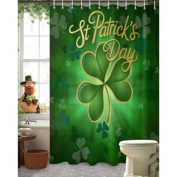 St. Patrick's Day Shower Curtain, 72" x 72", Spring Shiny Green Gold Lucky Shamrocks Plant Green Waterproof Bathroom Curtain Washable Shower Curtain Set with 12 Hooks