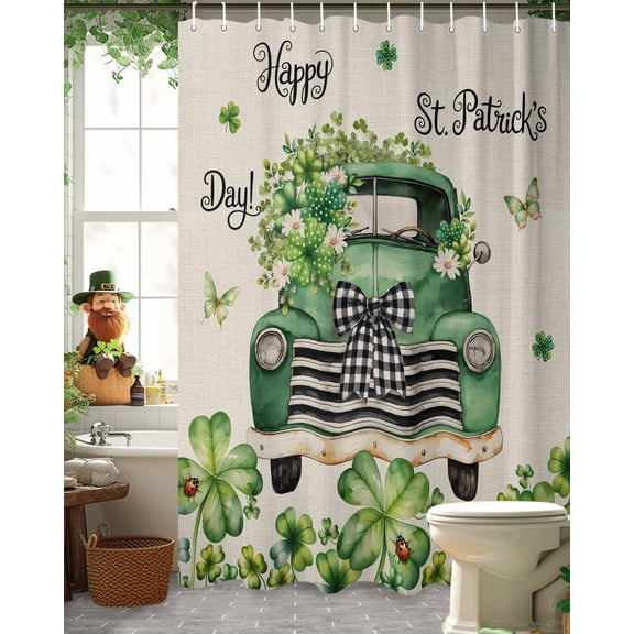St. Patrick's Day Shower Curtain, 72" x 72", Watercolor Green Truck Floral Lucky Shamrocks Linen Texture Waterproof Bathroom Curtain Washable Shower Curtain Set with 12 Hooks