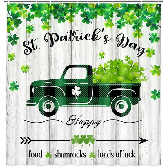 St.Patrick''s Day Shower Curtain for Bathroom, Rustic Green Buffalo Check Plaid Truck Fabric Shower Curtains Set, Cute Spring Green Clover Shamrock Leaf Art Bathroom Accessories Decor, 12 Hooks