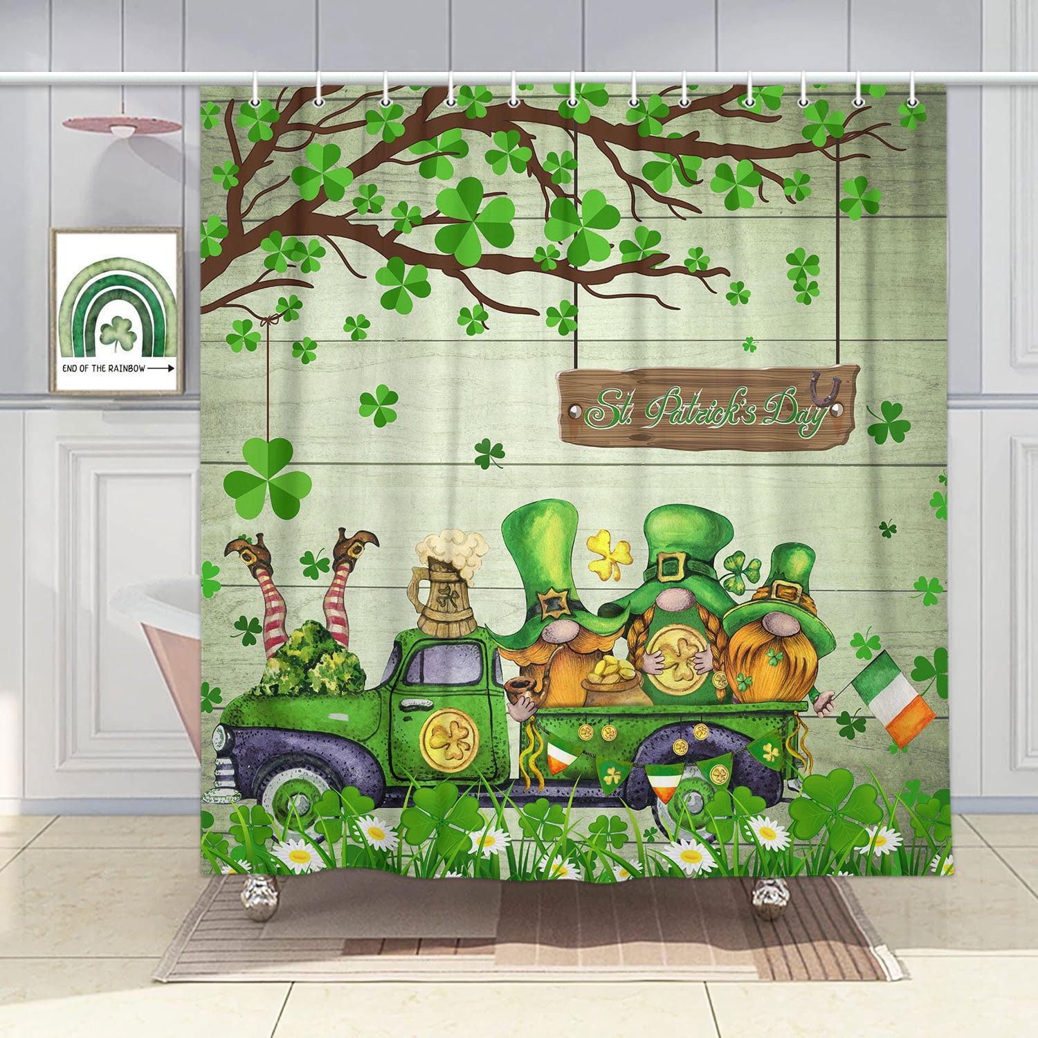 Happy St. Patrick's Day Shower Curtain - 60x72 Inch, Rustic Plank Truck Design, Waterproof Polyester With Hooks