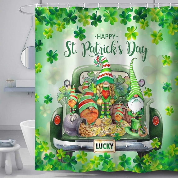 St Patrick''s Day Shower Curtain, Buffalo Truck Clovers Gnomes Decor Bath Curtains, Elf Holiday Decor Fabric Bathroom Accessory Sets, 69X72in
