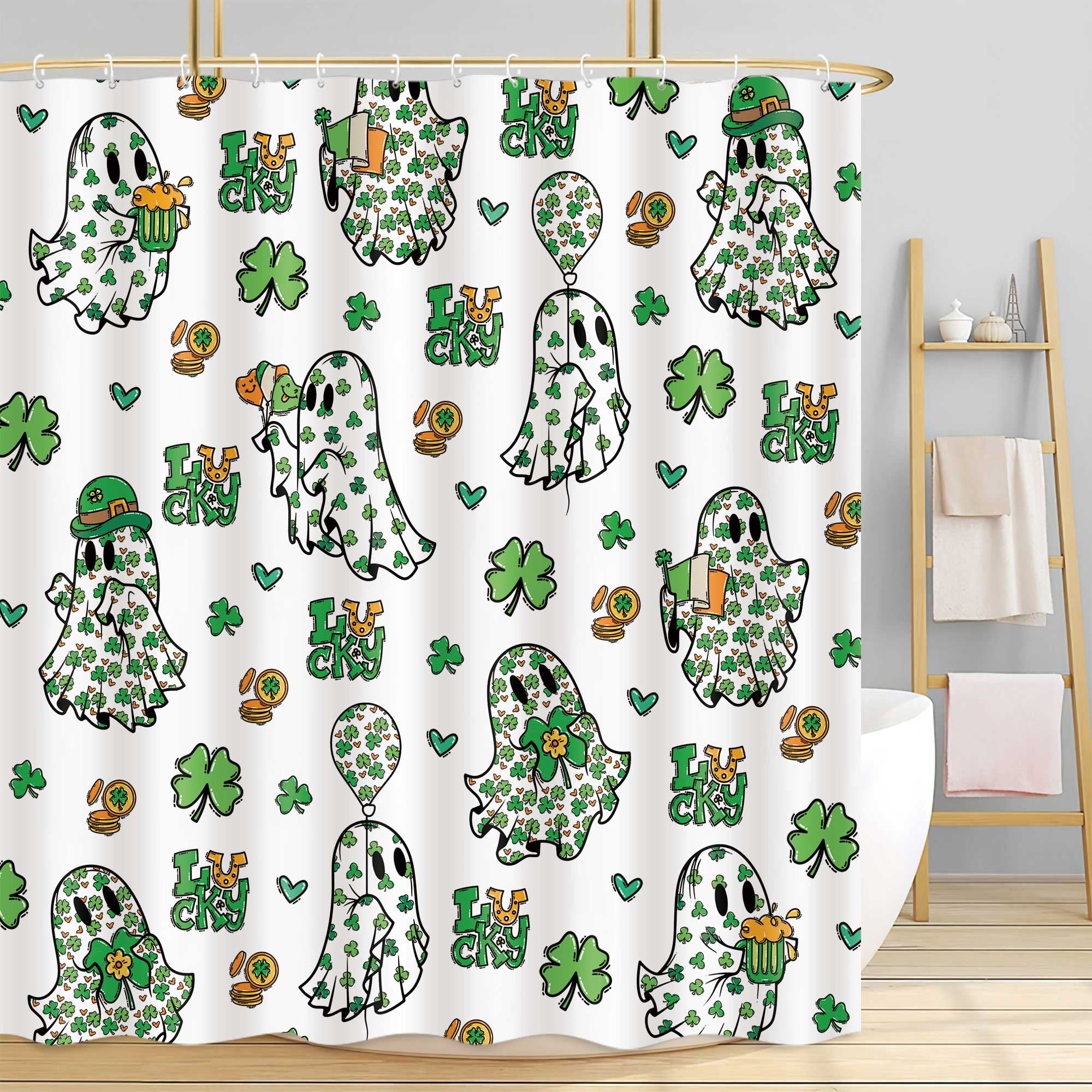 St. Patrick's Day Shower Curtain, Cute Ghost Green Luck Clover Balloon Elf Shower Curtain Sets, Festival Spring Party Waterproof Fabric Bathtub Curtain with Hooks, 72X72in