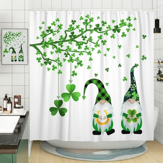 St. Patrick's Day Shower Curtain, Green Clovers Shamrock Cute Gnome Irish Shower Curtains for Bathroom Decor, with 12 Hooks,72x72 Inch
