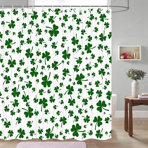 St. Patrick's Day Shower Curtain, Green St. Patrick’s Day Clover Shamrock Leaves Irish Spring Festival Holiday Shower Curtain Set, Fabric Shower Curtain Hooks Include, 70 in