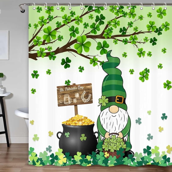 St. Patrick''s Day Shower Curtain, Irish Gnome Green Clover Shamrock Leaf Shower Curtains for Bathroom, Spring Bathroom Decor Set with Hooks 72 x 72 Inches