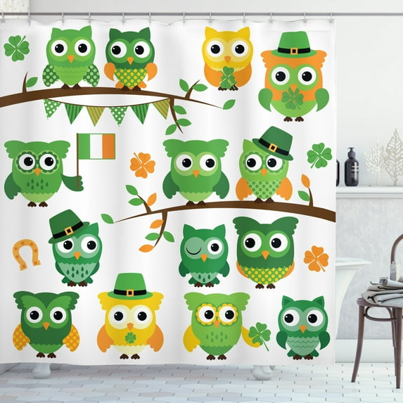 St. Patrick's Day Shower Curtain, Irish Owls with Leprechaun Hats on Trees Shamrock Leaves Horseshoe, Fabric Bathroom Set with Hooks, 69W X 70L Inches, Green and White, by Ambesonne
