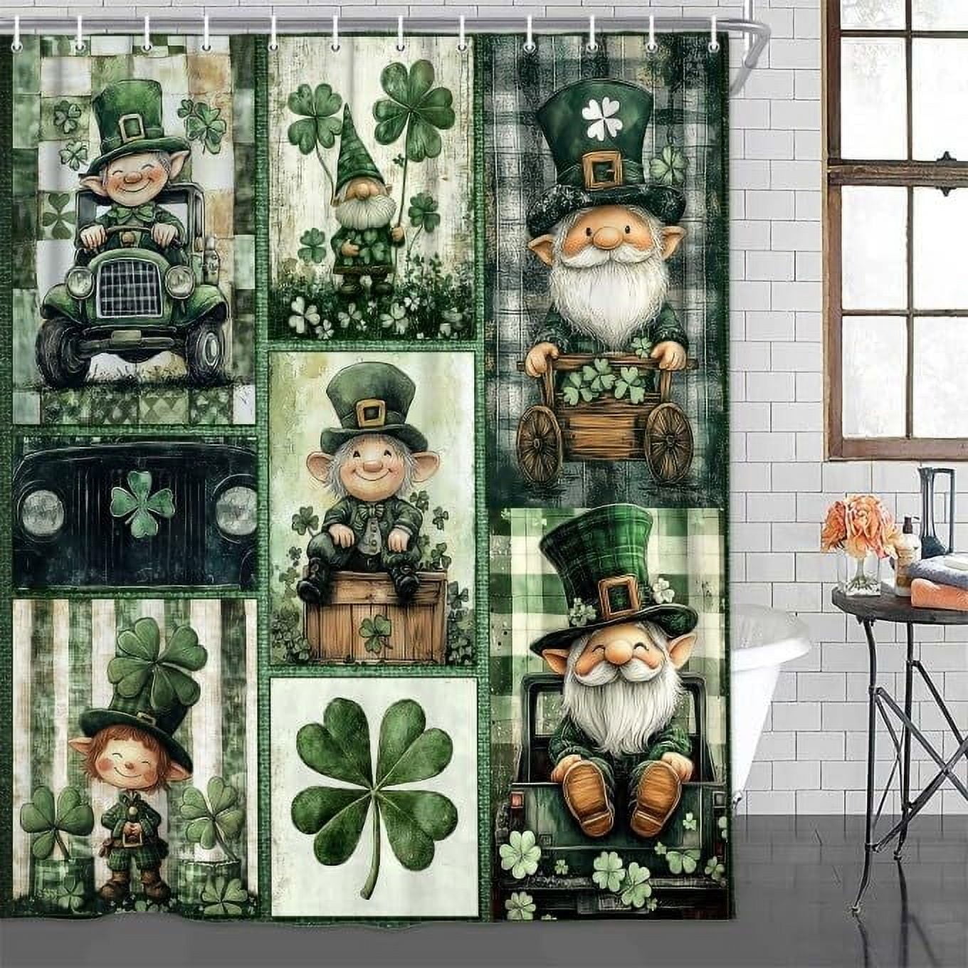 St. Patrick's Day Shower Curtain, Vintage St. Patrick's Day Shower Curtain Set Green Clover Shamrock Bathroom Curtain, Waterproof St. Patrick's Day Gnomes Bath Curtain with 12 Hooks,72X75