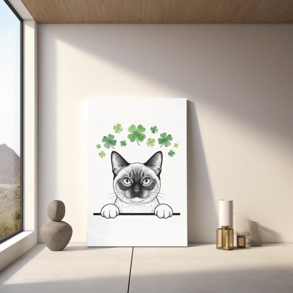 St. Patrick's Day Siamese Wall Art Print, Shamrock Siamese Poster, Lucky Cat Decor, Unframed Canvas 8x10in