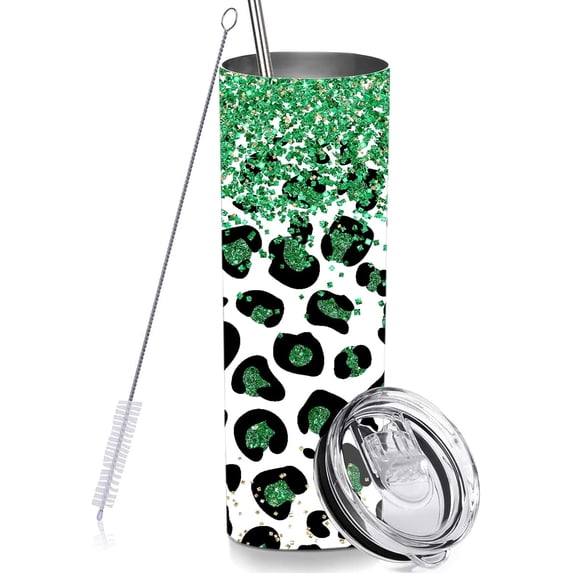 St Patrick's Day Skinny Tumblers with Lids and Straws, Glitter Green Leopard Print Stainless Steel Vacuum Insulated Travel Tumbler Cups 20 OZ