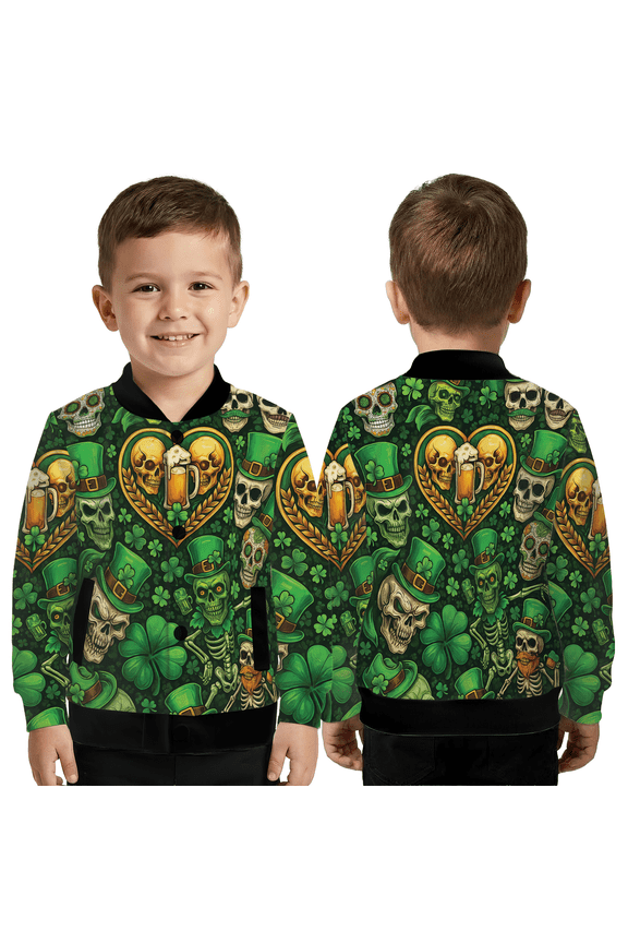St. Patrick’s Day Skull Coat, Irish Green Leprechaun Skeleton Outerwears, Shamrock Beer Graphic Outerwear, Green Clover Jacket