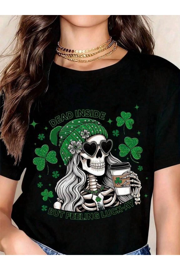 St. Patrick's Day Skull Coffee Lover T-Shirt - Dead Inside But Feeling Lucky, Green Shamrock Design For Women, Funny Irish Holiday Shirt With Skeleton And Hat Graphic