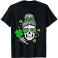 thumbnail image 1 of St Patrick's Day Skull Messy Bun Hair Irish Shamrock Girls T-Shirt, 1 of 5