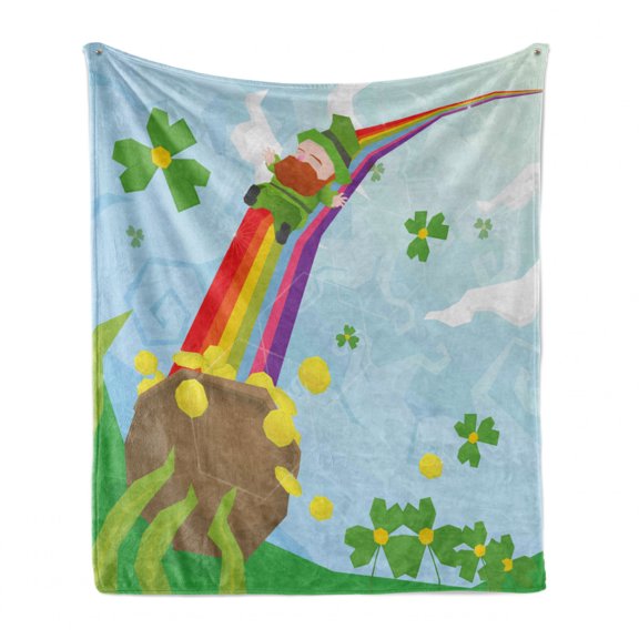St. Patrick's Day Soft Flannel Fleece Blanket, Abstract Cartoon Happy Leprechaun Sliding down Rainbow Gold and Shamrock, Cozy Plush for Indoor and Outdoor Use, 50" x 70", Multicolor, by Ambesonne