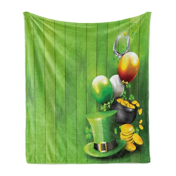 St. Patrick's Day Soft Flannel Fleece Blanket, Wood Design with Shamrock Lucky Clovers Pot of Gold Coins and Horse Shoe, Cozy Plush for Indoor and Outdoor Use, 50" x 60", Fern Green, by Ambesonne