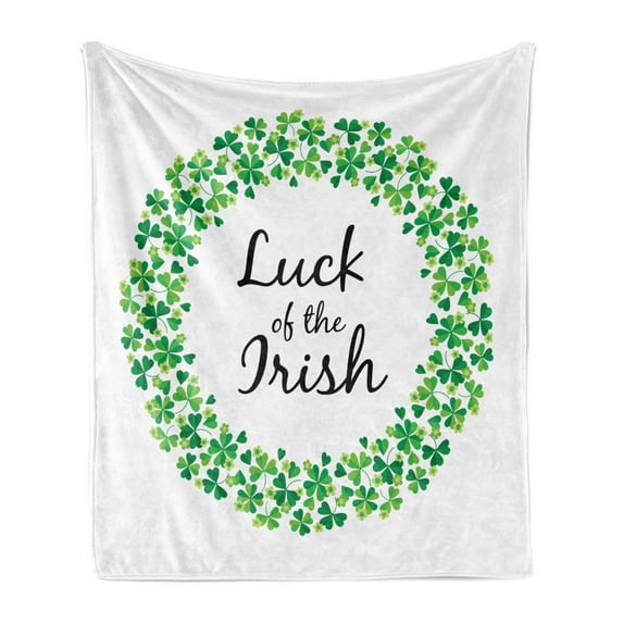 St. Patrick's Day Soft Flannel Fleece Throw Blanket, Clover Wreath Shamrock Luck of the Irish Text, Cozy Plush for Indoor and Outdoor Use, 70" x 90", Lime Green Forest Green, by Ambesonne