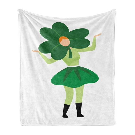 St. Patrick's Day Soft Flannel Fleece Throw Blanket, Lucky Lady with Clover Hat Costume Pattern, Cozy Plush for Indoor and Outdoor Use, 60" x 80", Green Green, by Ambesonne