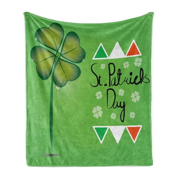St. Patrick's Day Soft Flannel Fleece Throw Blanket, March 17th Celebration Large Shamrock Clover Leaf Flags Art, Cozy Plush for Indoor and Outdoor Use, 50" x 70", Olive and Fern Green, by Ambesonne