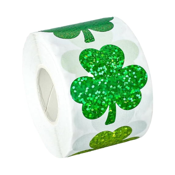 St. Patrick's Day Stickers Holographic Shamrock Stickers Roll 1 Sparkly Green Lucky Clover Adhesive Seal Labels for Irish Holiday Party Cards Envelope, 500Pcs