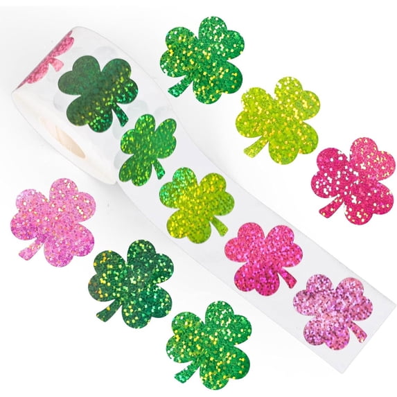 St.Patrick's Day Stickers Roll, 1 inch 500 PCS Glitter Shamrock Four Leaf Clover Green Hat Round Sticker for Envelope Seal Label Card Decor Party Supply Reward Stickers for Kids
