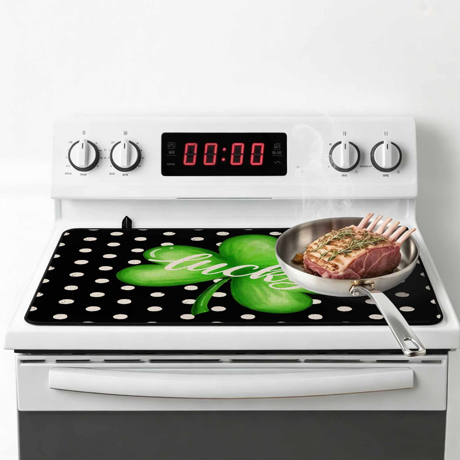 St. Patrick's Day Stove Top Cover for Electric Stove, Heat-proof & Non Slip Glass Top Stove Cover Protector, Green Lucky Black White Polka Dots Kitchen Flat Cooktop Rubber Mat 24x21 Inches