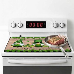 St. Patrick's Day Stove Top Cover for Electric Stove, Heat-proof & Non Slip Glass Top Stove Cover Protector, Green Shamrocks Gnomes Gold Coin Wood Kitchen Flat Cooktop Rubber Mat 28.5x20.5 Inches