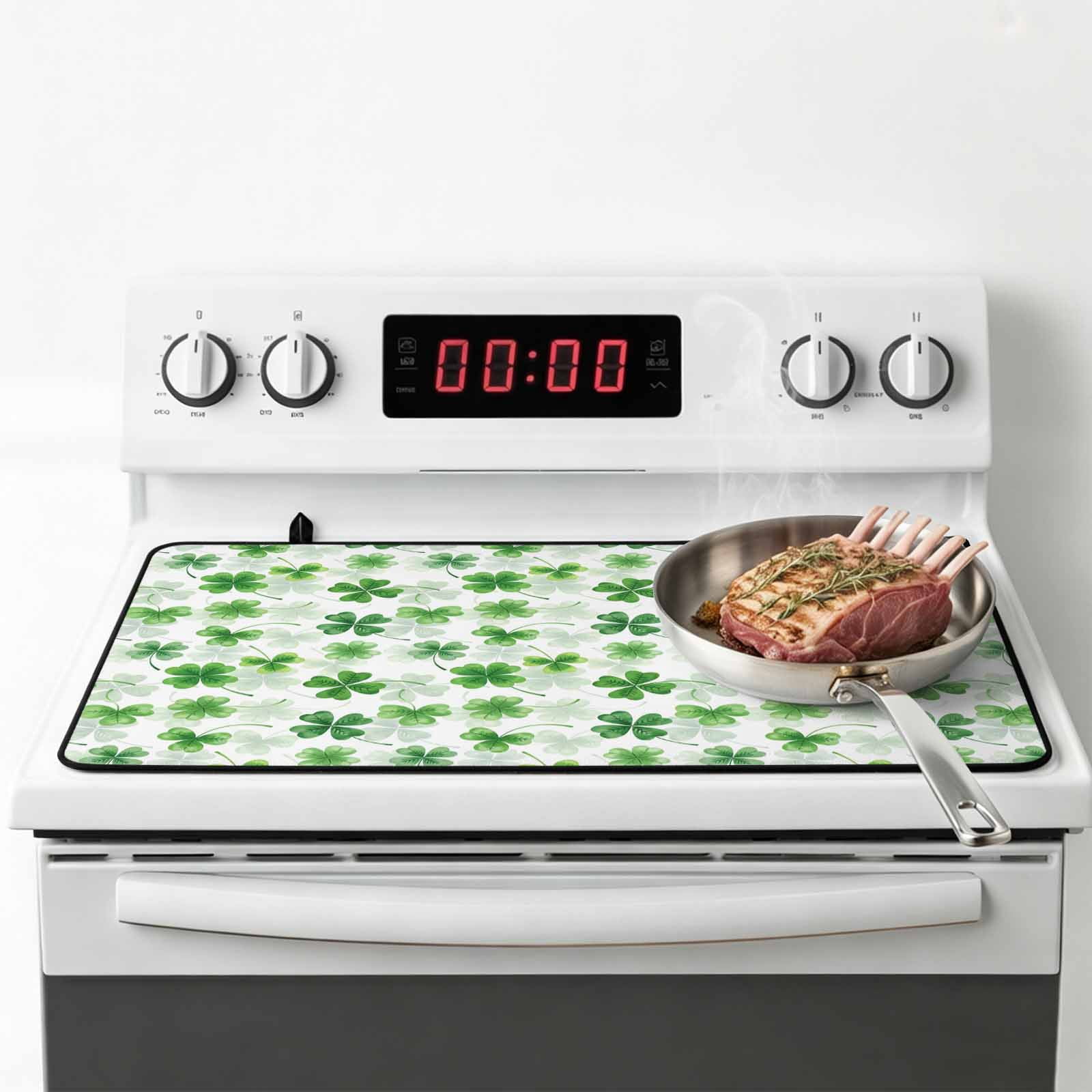 St. Patrick's Day Stove Top Cover for Electric Stove, Heat-proof & Non Slip Glass Top Stove Cover Protector, Lucky Shamrock Green Spring Plants Vintage Kitchen Flat Cooktop Rubber Mat 24x21 Inches