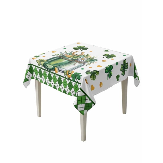 St Patrick's Day Suqare Tablecloth - 60 x 60 Inch, Spring Shamrock Flowers Vase Gold Coin Green Waterproof & StainResistant Tablecloth, Washable Oil-proof Table Cover for Dining/Party/Wedding/Buffet