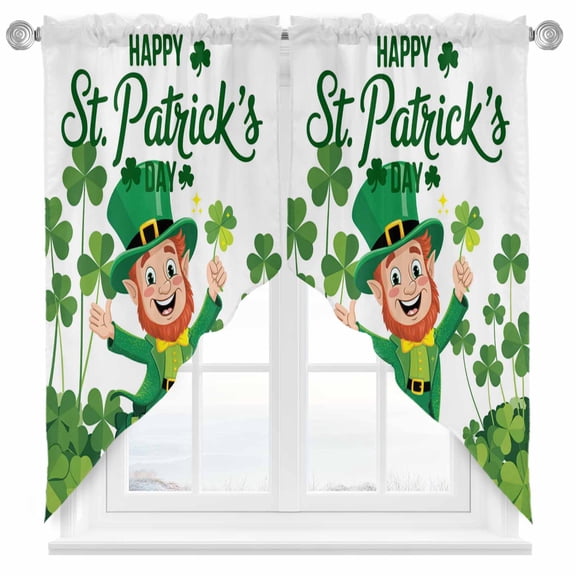 St. Patrick's Day Swag Kitchen Curtain Valances, Cute Funny Cartoon Green Elf Lucky Shamrock Rod Pocket Curtains Window Treatment Decor Valances for Bedroom Bathroom, 2 Panels 36 x 36 Inch