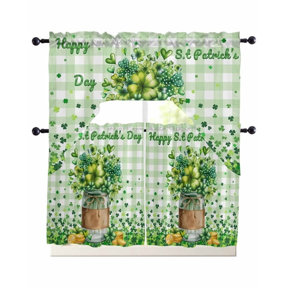 St. Patrick's Day Swag Kitchen Curtains Sets for Windows 24 Inch Length, Spring Botanical Clovers Coin Green Check Short Window Curtain Swags Valances and Tiers 3 Piece Set for Cafe/Dining Room
