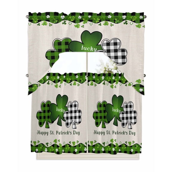 St. Patrick's Day Swag Valance and Tier Curtains 36'' Length Set, Green and Black Checkered Lucky Light Filtering Kitchen Curtains, Tier Curtain Valances for Bathroom/Living Room/Bedroom/Café