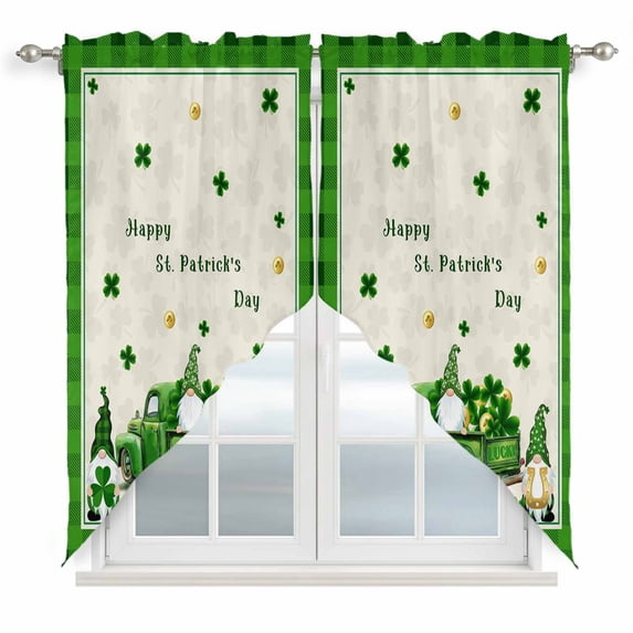 St. Patrick's Day Swag Valances for Windows, Kitchen Window Curtains Over Sink, Gnomes Truck Shamrocks Gold Coin Plaid Window Treatment Curtains for Living Room/Bedroom Curtains 2 Panel Sets 36"x45"