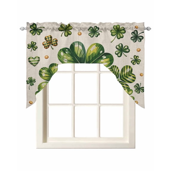 St Patrick's Day Swag Valances for Windows, Small Curtains Drapes, Green Shamrock Leaf Gold Coin Retro Beige Kitchen Window Curtains Over Sink Window Treatment Valance for Bedroom/Bathroom 56"x36"