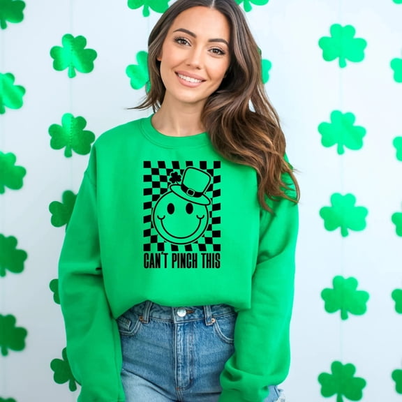 St. Patrick's Day Sweatshirt, Can't Pinch This, Smiley Face, Lucky Clover, Green and White Checkered Unisex Pullover