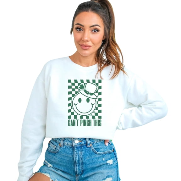 St. Patrick's Day Sweatshirt, Can't Pinch This, Smiley Face, Lucky Clover, Green and White Checkered Unisex Pullover