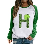 St. Patrick's Day Sweatshirt For Women Letter A-Z Graphic Loose Fit Long Sleeve Crew Neck Pullover Tops Shirts