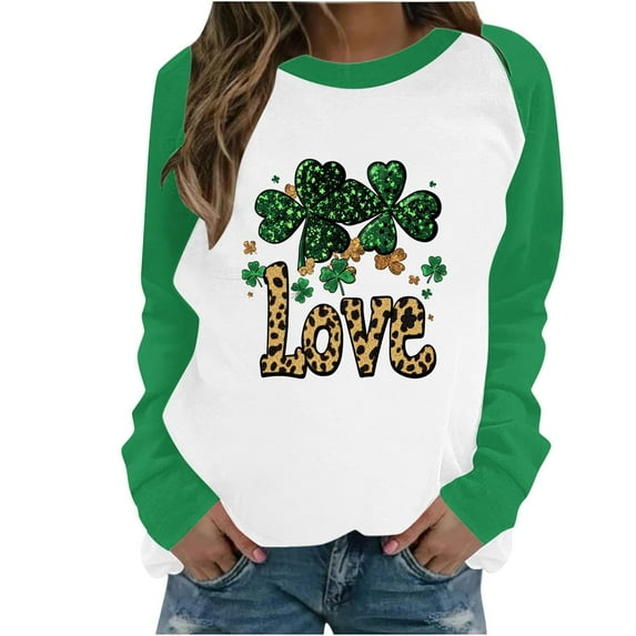 St. Patrick's Day Sweatshirt For Women Shamrock Clover Printed St Patty's Day Outfits Casual Loose Long Sleeve Tops